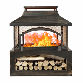 37 Inch Rectangular Metal Outdoor Wood Burning Fireplace -  With Built-in Log Storage & Brush Stick (Color: Black)