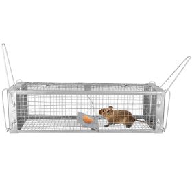 1Pc Dual Door Rat Trap Cage Humane Live Rodent Dense Mesh Trap Cage Zinc Electroplating Mice Mouse Control Bait Catch With 2 Detachable U Shaped Rod (Color: Silver)