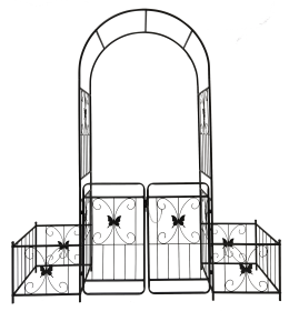 Metal Garden Arch with Gate 79.5'' Wide x 86.6'' High Climbing Plants Support Rose Arch Outdoor Black (Color: as Pic)