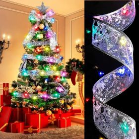 A Christmas Tree With 32 Feet Of Ribbon, 100 LED Lights, Golden Wire Ribbon, Battery-powered (Color: Silvery Ribbon- Colourful)