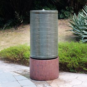 44" Tall Large Modern Cylinder Ribbed Tower Water Fountain With Rustic Base (Color: as Pic)