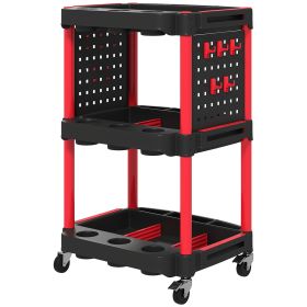 3-Tier Rolling Tool Cart, 200 LBS Capacity Plastic Utility Cart With Side Shelves For Garage, Workshop, Black And Red (Option: Black and red)